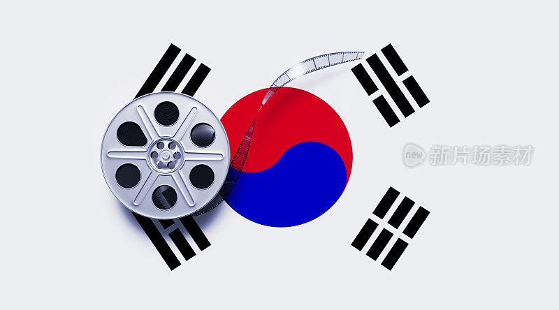 韩国电影产业概念-电影卷轴坐在韩国国旗上