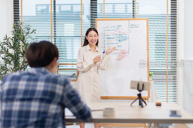 商务人士在家庭办公室向合作伙伴介绍新项目。年轻的女商人在会议室里做报告。