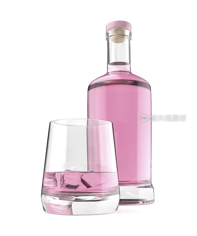 一瓶和一杯粉红色的杜松子酒或伏特加
