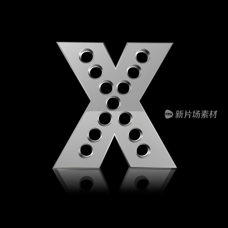 黑色背景下带有小孔的金属字母X