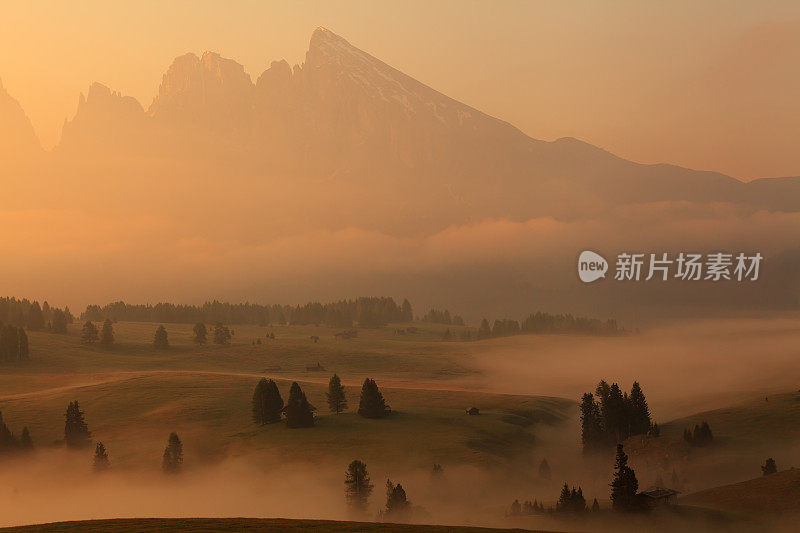 黎明时分，埃尔佩在吹口哨的Dolomiti，群山在雾中起伏。