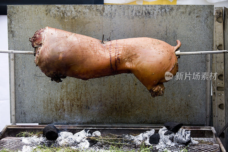 在水泥墙前吐烤猪肉