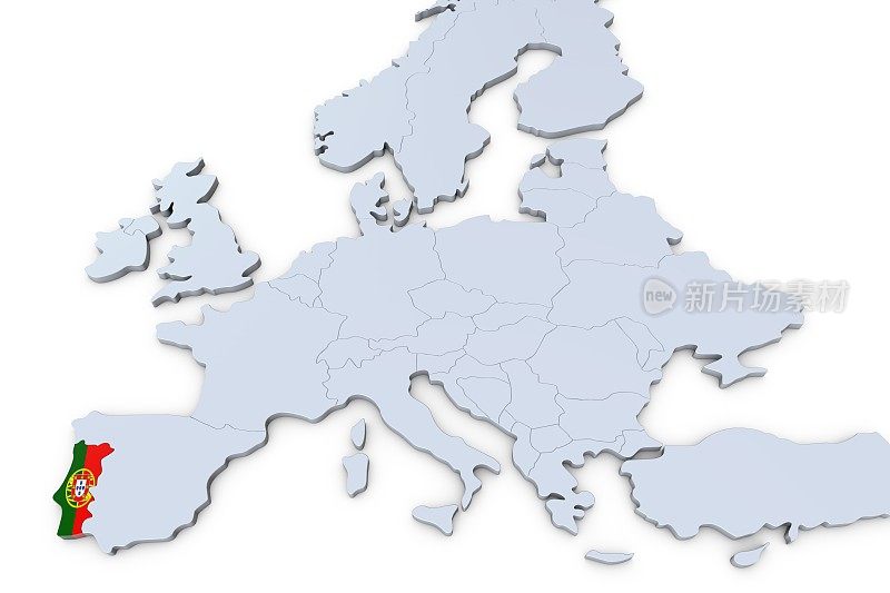 欧洲地图，葡萄牙突出显示