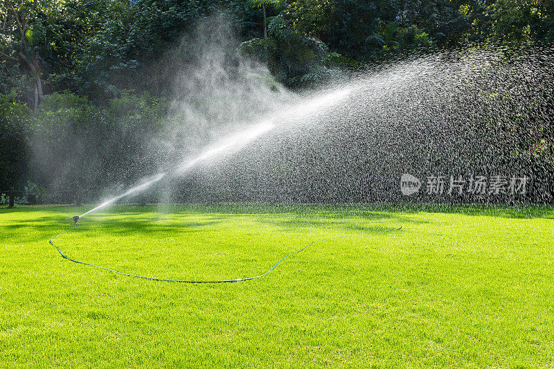 灌溉系统在绿色草地上浇水