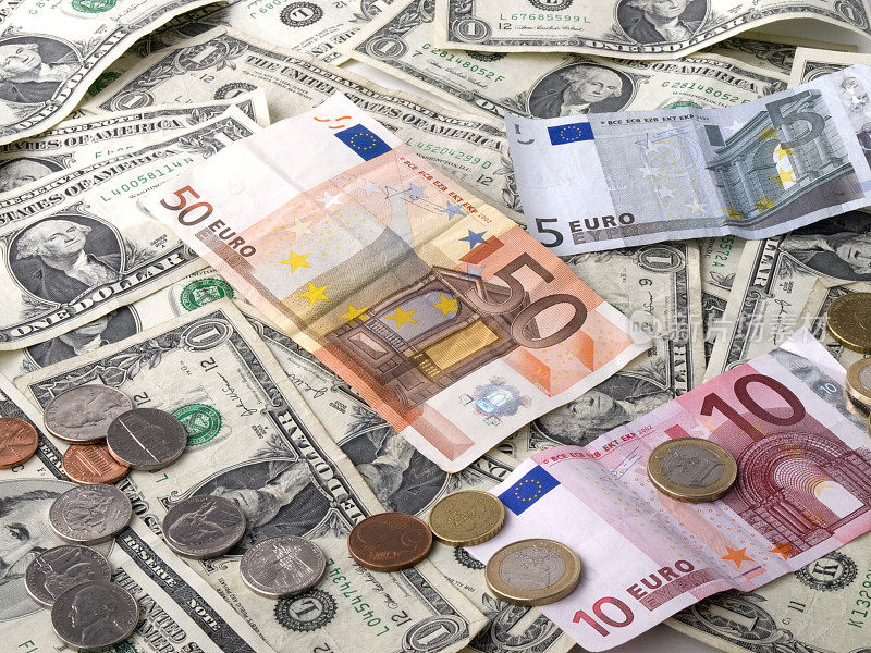 货币-欧洲+美国货币，硬币和纸币