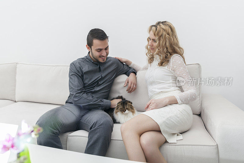 一对可爱的夫妇和一只猫坐在沙发上