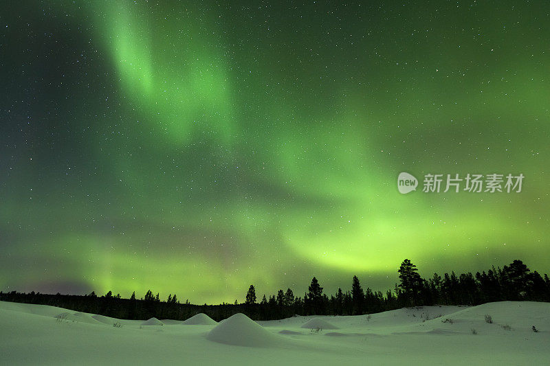 芬兰拉普兰，冬日雪地上的北极光