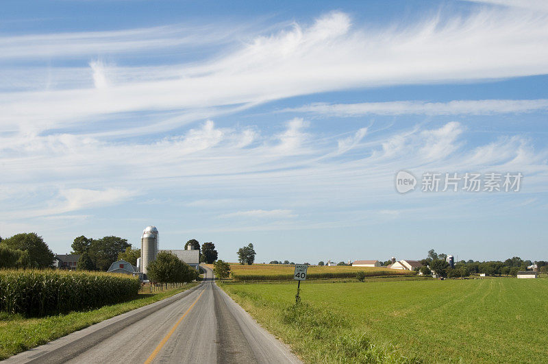 农场景观在高夏云和阳光下，风景优美