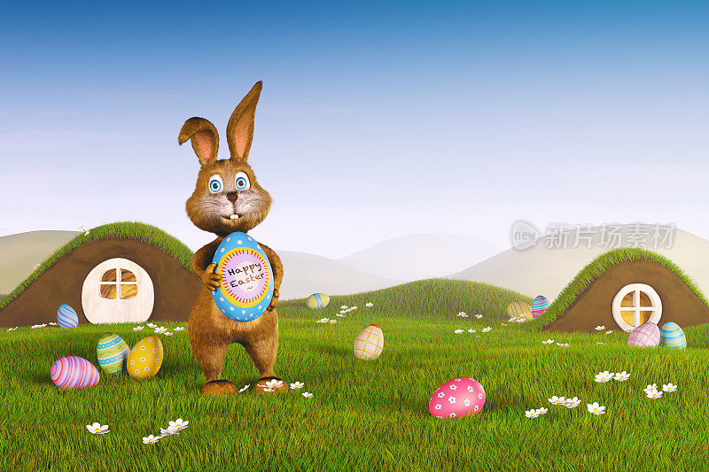 复活节兔子拿着一个蛋
