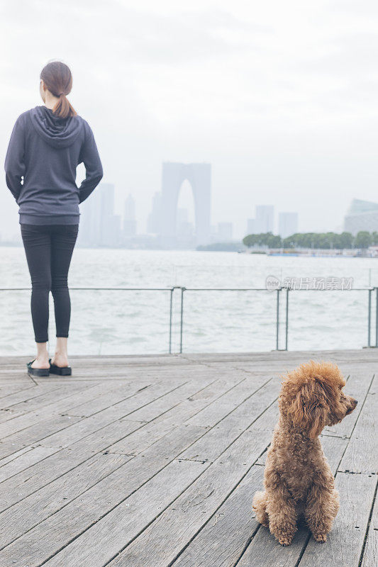 后视图的女人站在码头和她的宠物坐在一边