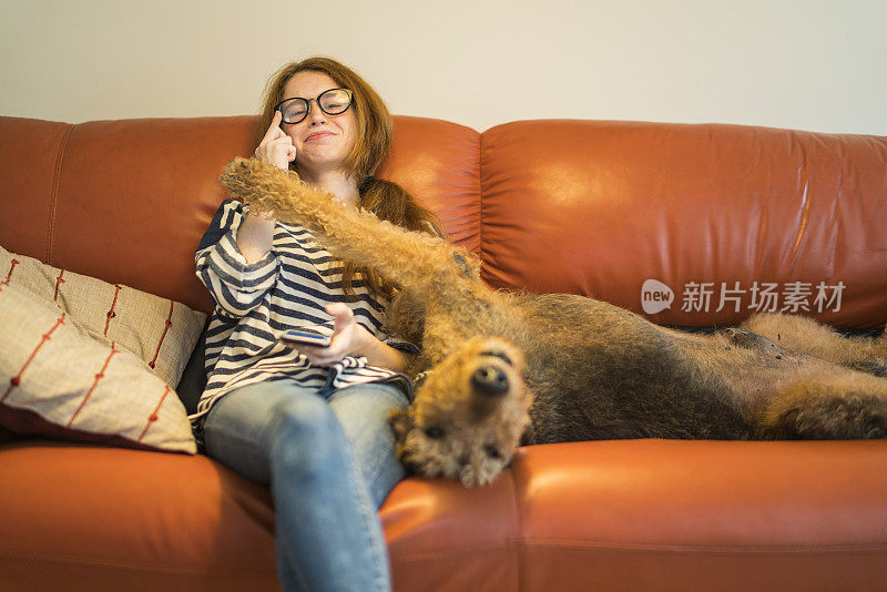 漂亮的白人少女浏览社交媒体，和睡在沙发旁边的小猎犬