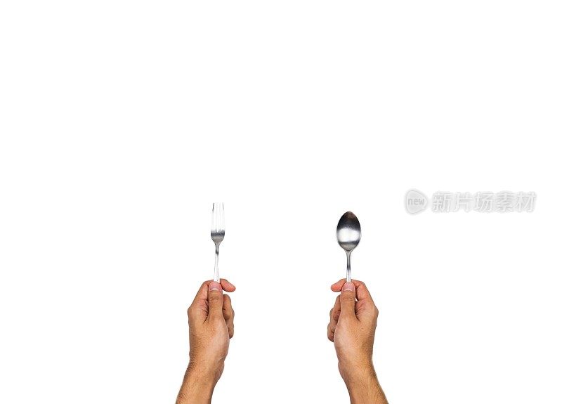 勺子和叉手握孤立在白色背景，顶部视角