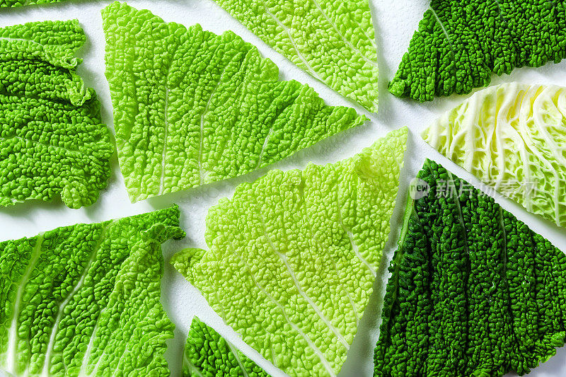 卷心菜叶子的背景。健康饮食的模式。收获绿色蔬菜。有机产品的质地。生物纯生产的概念。饮食营养的概念