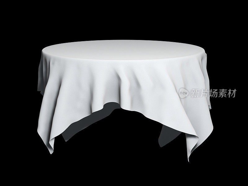 白色圆桌布模型孤立在黑色。三维演示