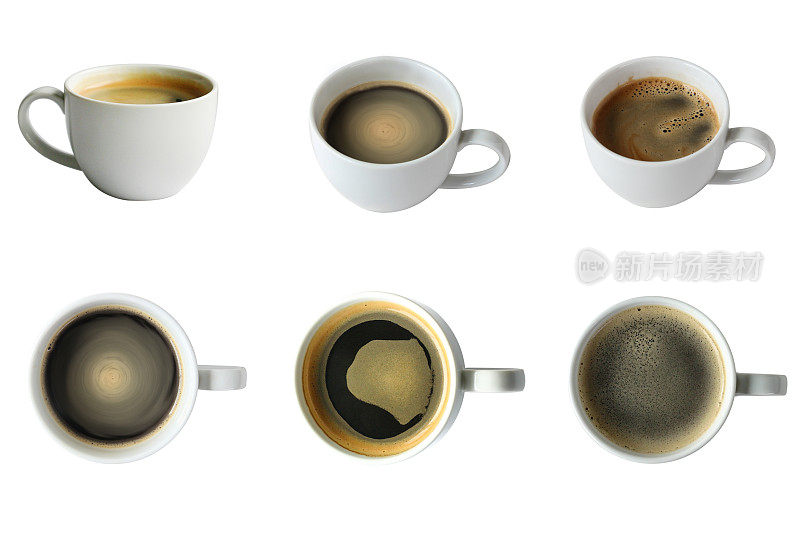 咖啡收集在任何角度的剪切路径，正常和顶视图。这是美式咖啡，黑色的。