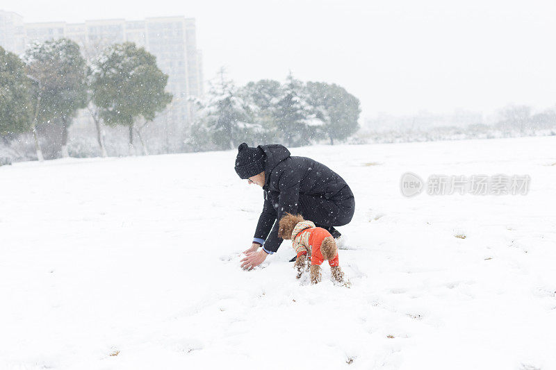 男人和宠物狗在雪地上滚雪球