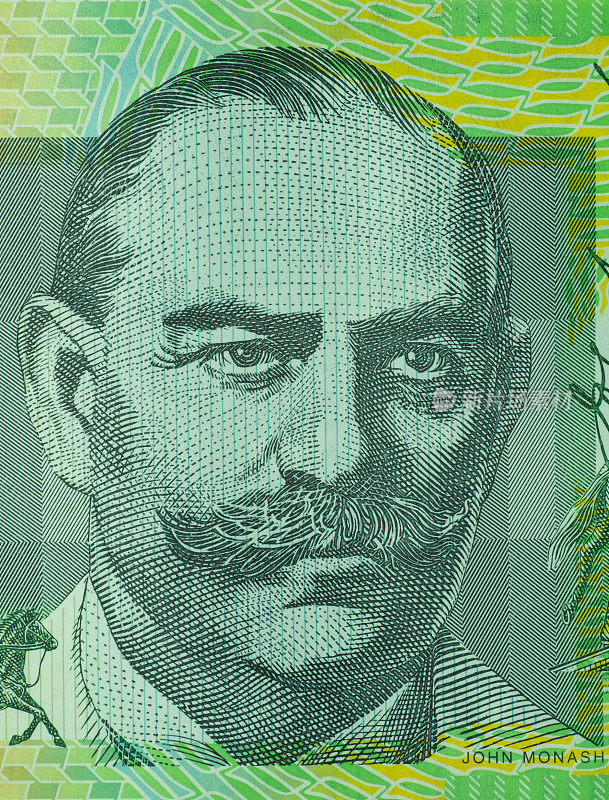近距离观察澳元钞票。约翰·莫纳什的肖像出现在100澳元纸币上。采用1:1微距镜头拍摄。