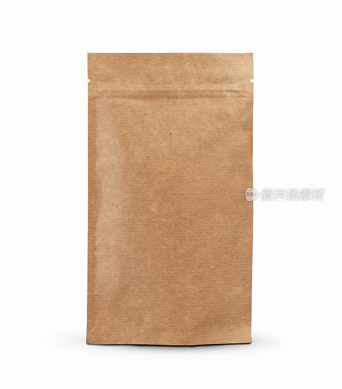 棕色纸制食品包装袋孤立在白色背景上。