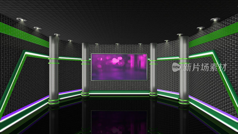 电视演播室，虚拟演播室。理想的绿色丝网合成。