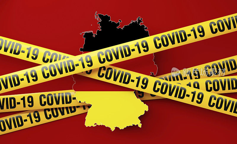 德国地图，红色背景上印有COVID-19的胶带屏障