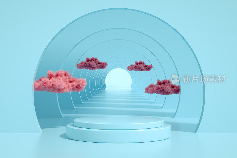 3D抽象隧道门，空产品站，平台，平台与云