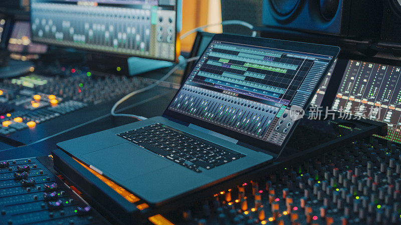 现代音乐录音棚控制台与笔记本电脑屏幕显示用户界面的数字音频工作站软件。均衡器，混频器和专业设备。投篮,”滑块。记录。特写镜头