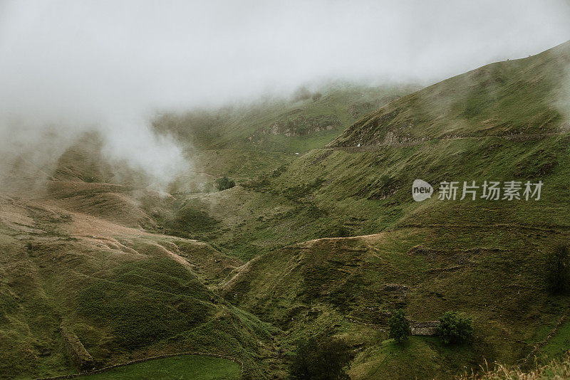 在西班牙坎塔布里亚，绿色的山地景观和雾