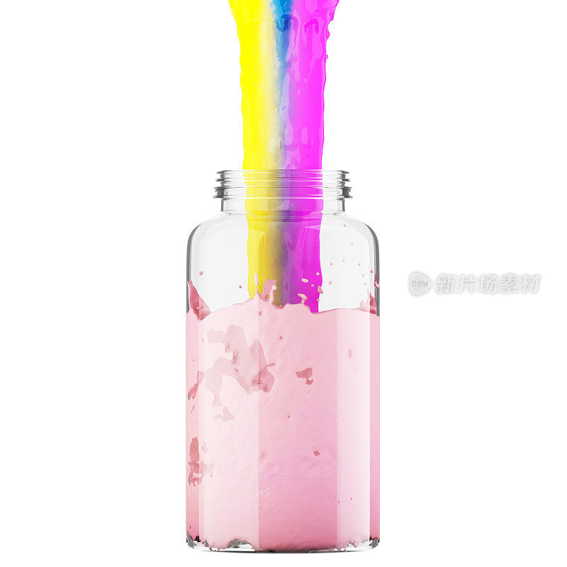 一股五彩缤纷的水流倒进一个透明的罐子里，在白色的背景上装满粉红色的液体。三维渲染