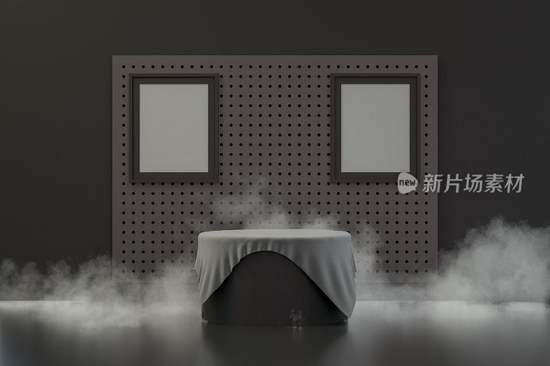 3D空产品站，平台，讲台和空框架，黑色背景