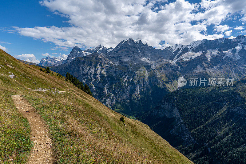 美丽的白雪皑皑的瑞士阿尔卑斯山耸立在瑞士翠绿的Lauterbrunnen山谷