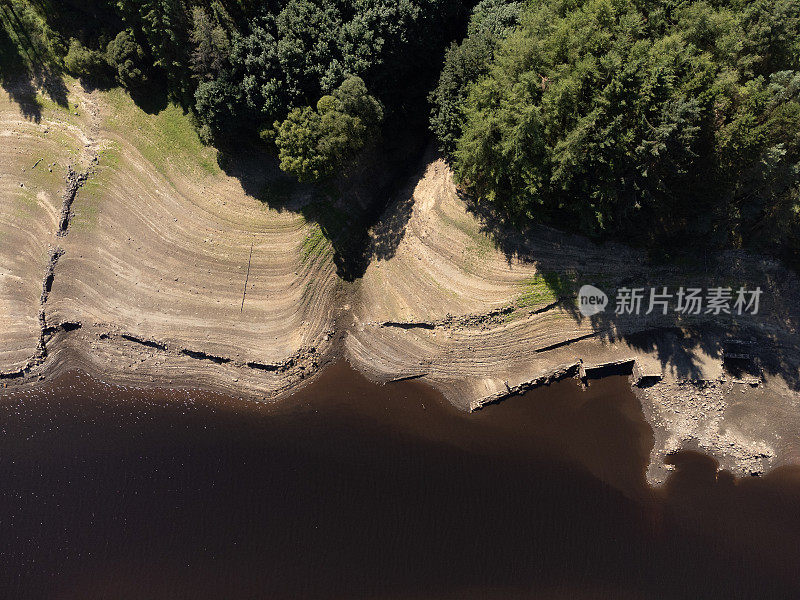 2022年夏季英国干旱，英国英格兰约克郡开阔乡村的地表淡水水库水位极低