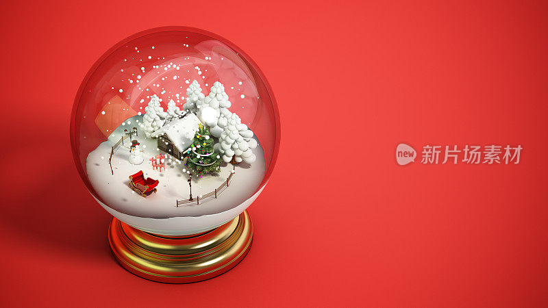 雪花玻璃球，有木柜、树、礼品盒、雪人和圣诞老人的雪橇。圣诞节和新年的概念。复制右边的空间