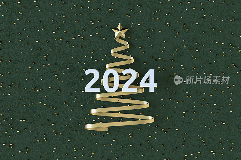 2024年新年和绿色背景的圣诞树。