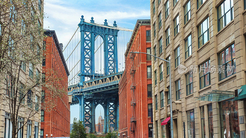 纽约布鲁克林。曼哈顿大桥位于曼哈顿和布鲁克林之间，横跨东河，从两栋砖砌建筑围成的狭窄巷子里望去。