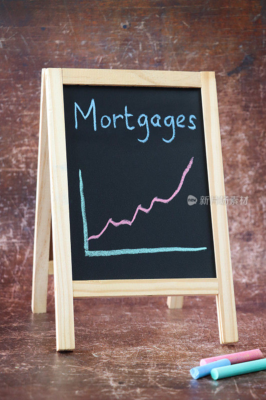 木制a框板黑板的特写图像，表面有粉红色、蓝色和绿色的粉笔棒，粉笔上写着“抵押贷款”的标题和线形图，棕色背景