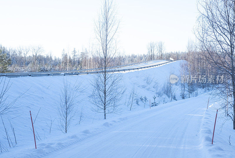 芬兰的冬季景观有积雪的道路和树木。