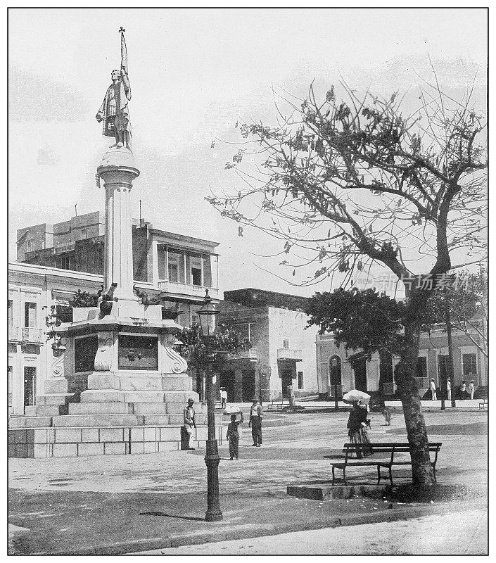 古董黑白照片:旧金山广场和哥伦布纪念碑，圣胡安，波多黎各