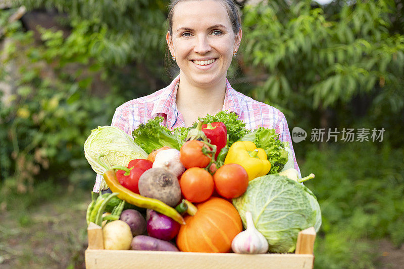 戴着手套的农妇拿着装满新鲜生蔬菜的木箱。篮子里拿着蔬菜