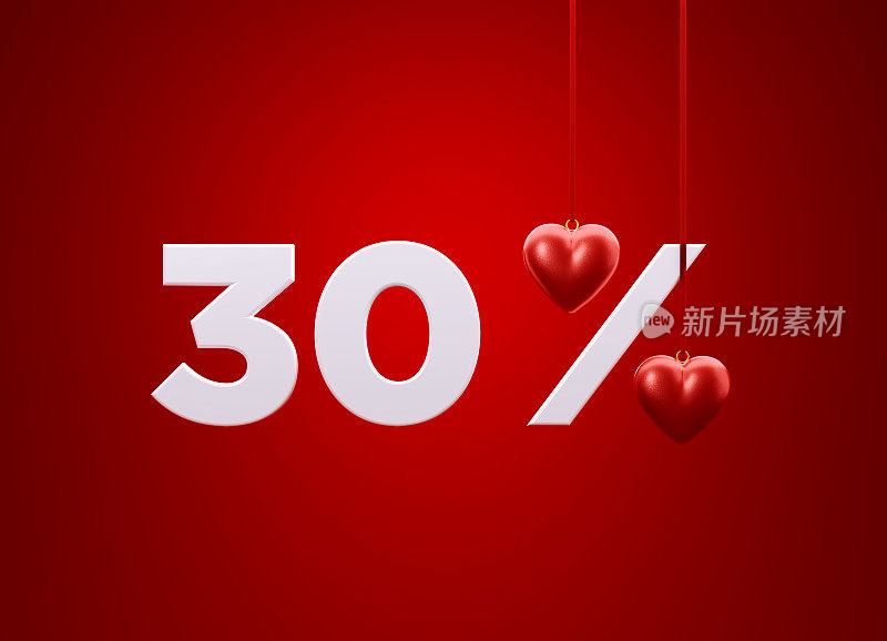 30%差-红色的心形成一个百分比的标志，坐在旁边的数字30红色背景