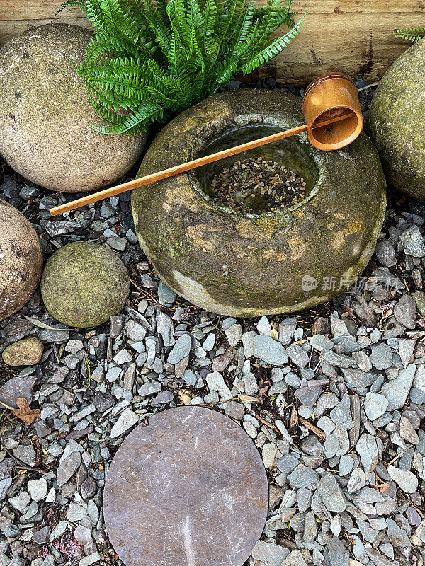 图片竹制勺子铺设在充满日本水盆，巨石和蕨类植物，提高的观点