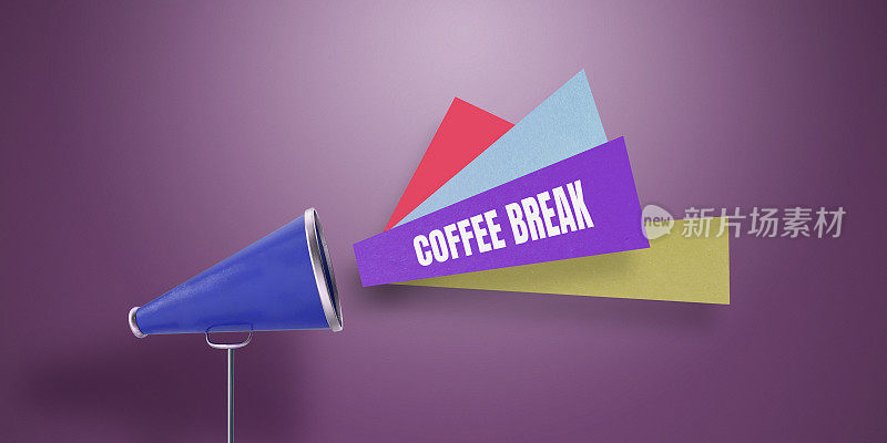 咖啡休息时间的信息从一个写在紫色纸上的老式蓝色扩音器中传出