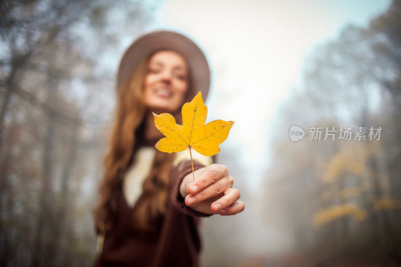 美丽的年轻女子在秋天走在户外的画像