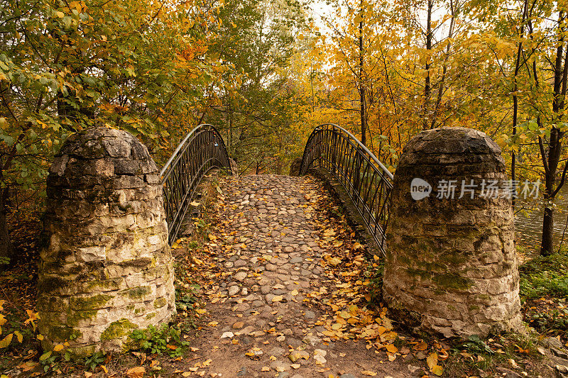 秋天，城市公园峡谷上的一座小石桥