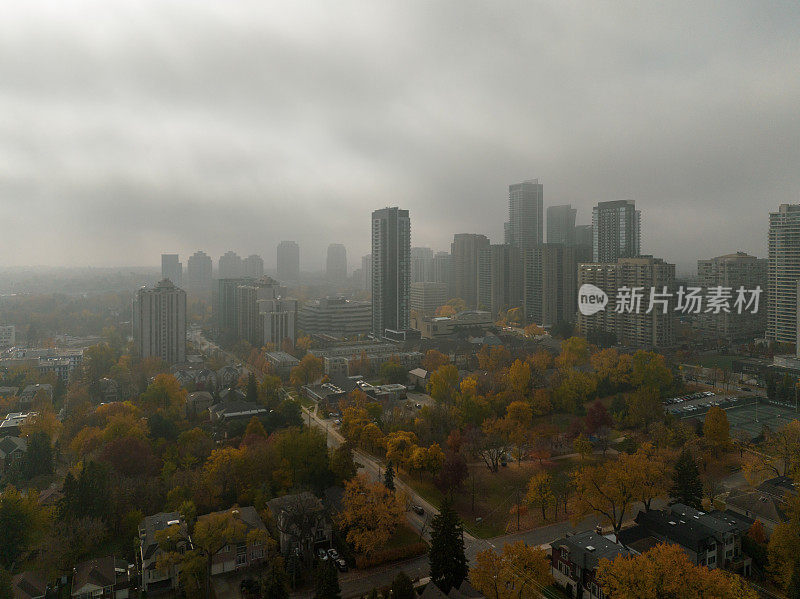 鸟瞰北约克的公园和住宅区，多伦多，加拿大，雾蒙蒙的早晨