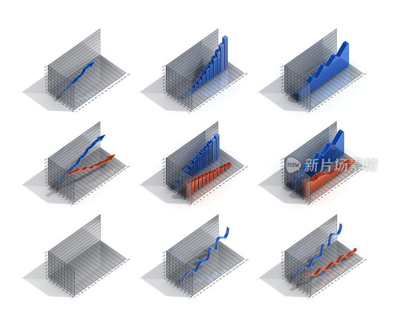 3d图表图表在9个版本:箭头，块，山和曲线。蓝色是收入，红色是支出。