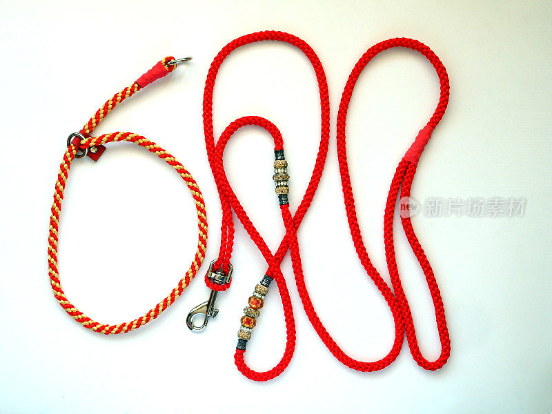 手工编织狗绳和项圈-红黄狗挽具