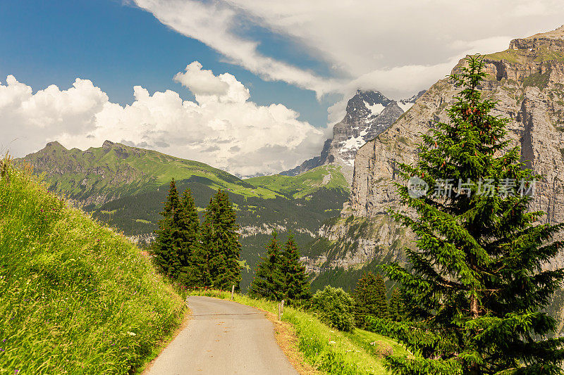 山路。Lauterbrunnen。瑞士。山的风景。伯尔尼州。穆伦村