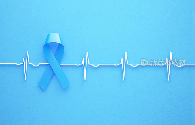 蓝色背景的前列腺癌意识彩带和心电图