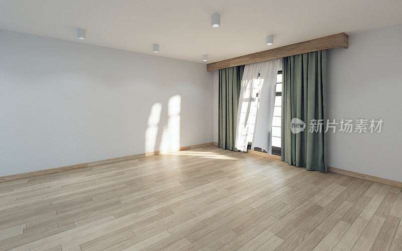 室内空房间公寓现代风格的木地板和白色墙壁装饰灰色铝窗添加视图在3D渲染。