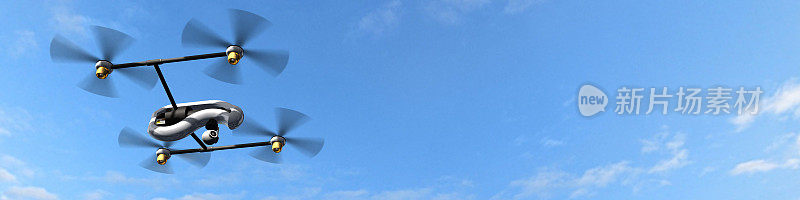 无人机四旋翼机在蓝天全景飞行